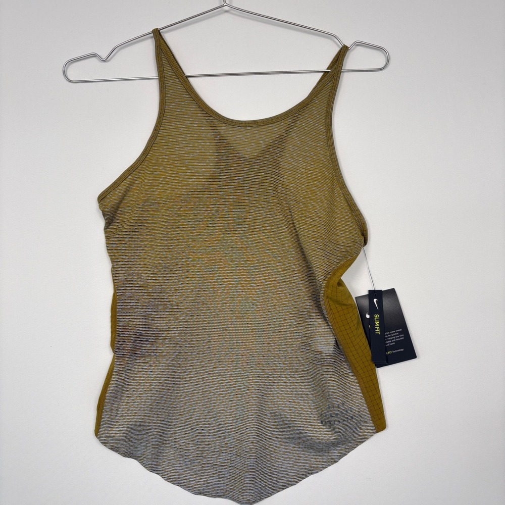 NWT Nike Womens Running Tank Top S Gold Dri-FIT Slim Fit DB3874-319 Active Gym